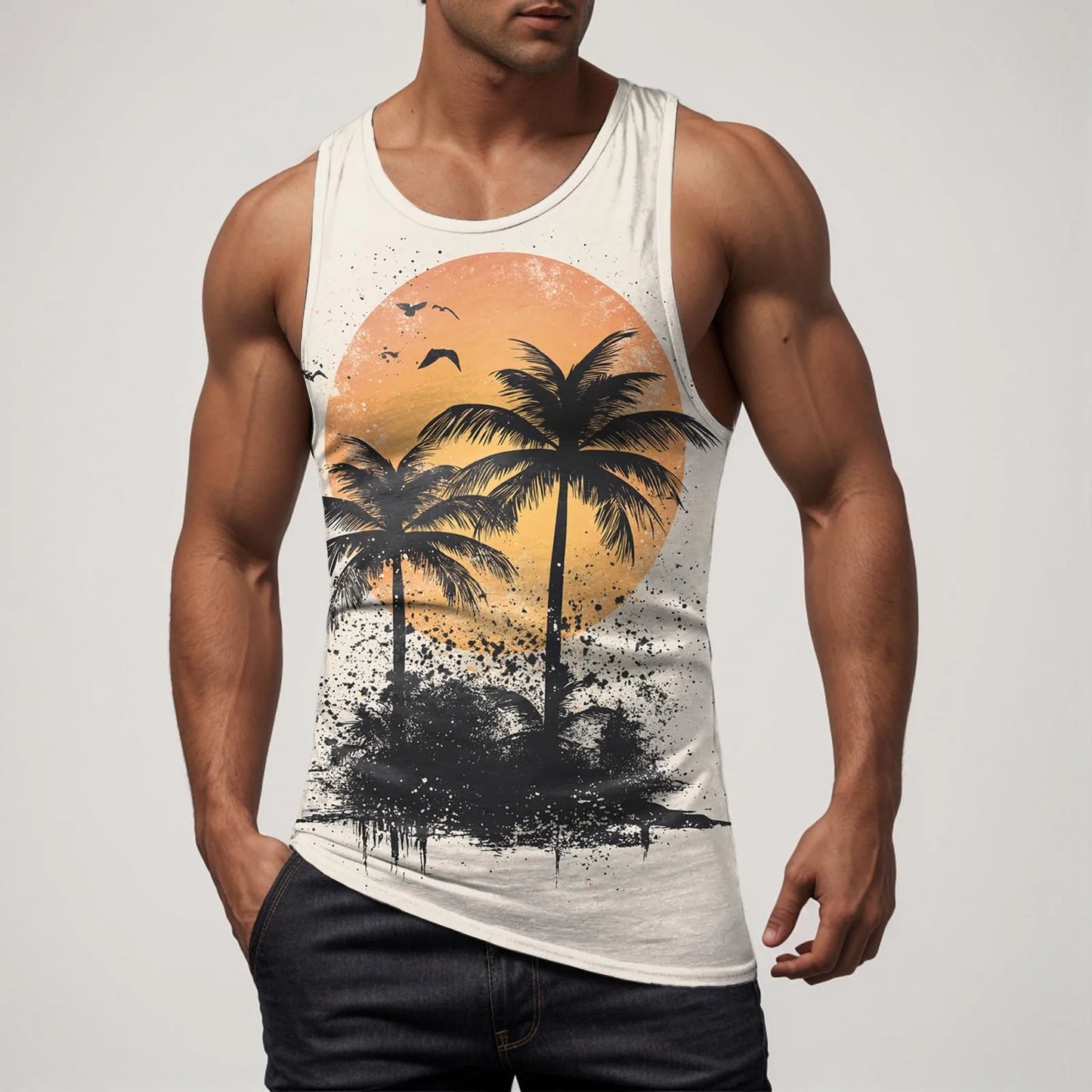 Men Vest Casual Comfortable Soft Breathable Fashion Printed Beach Tank Top Compression Hawaiian Vacation Pullover Plus Size