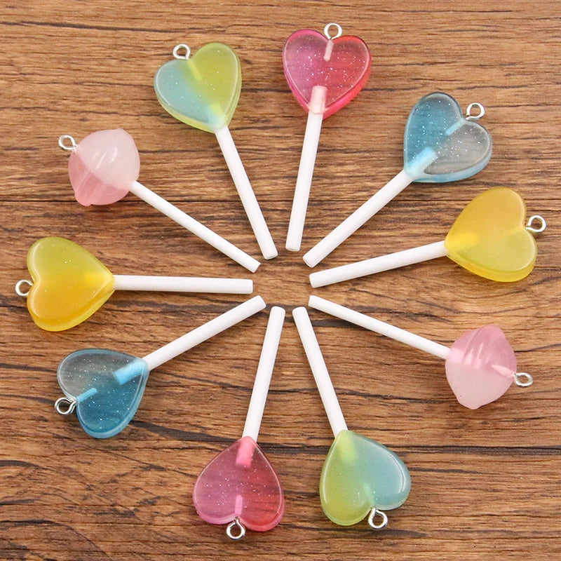 10Pcs Mix Color Size Bling Glitter Heart Round Duck Star Lollipop Resin Charms For Earring Kawaii 3D Keychain Jewelry Making