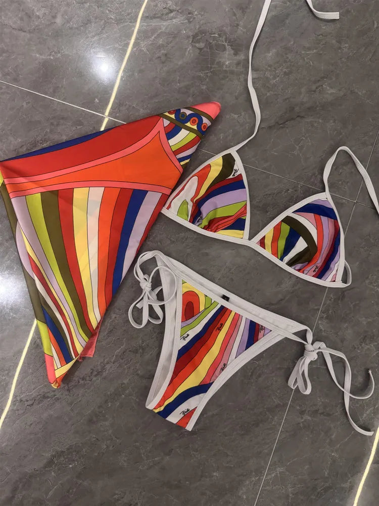Women Swimsuit Split Swimsuit Bikini Striped Geometry Pattern One-Piece Swimsuit