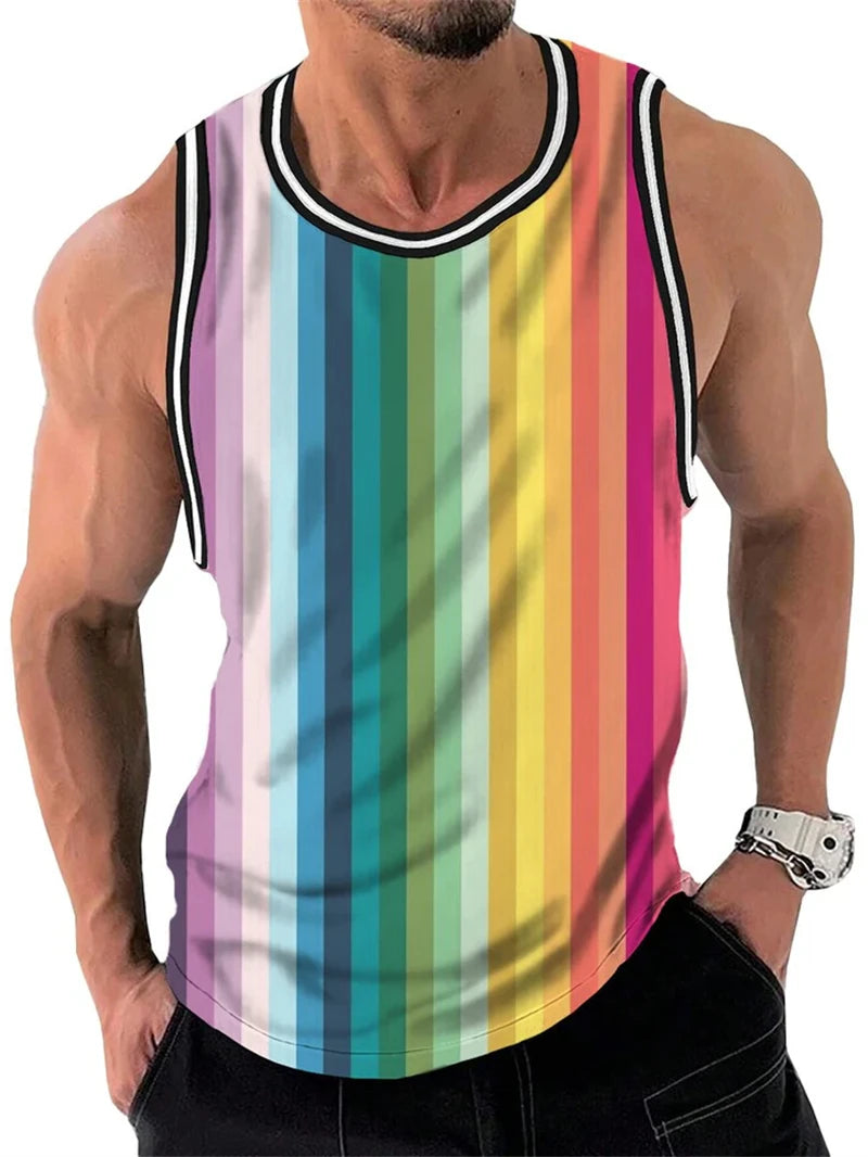 Vintage Striped Graphic Tank Tops For Men Fashion Casual Summer Sleeveless 3D Printed Vest Loose Crew Neck Quick Dry Sports Tees