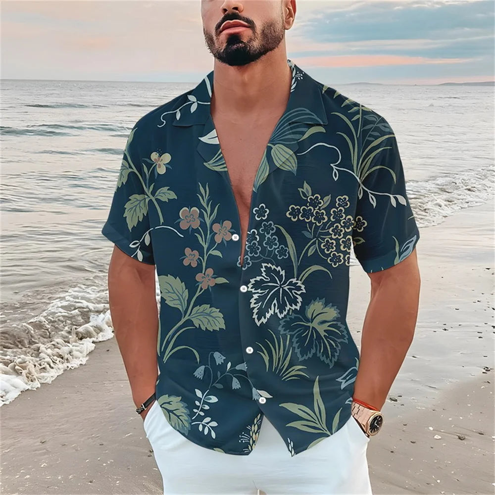 Summer men's casual short sleeved shirt Beach Plant flower 3D printed Hawaiian lapel 2024 New