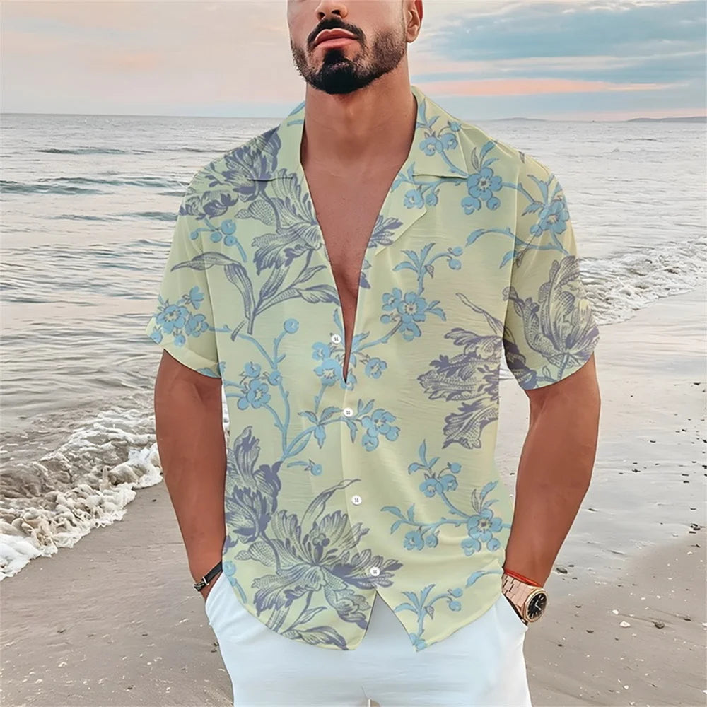 Summer men's casual short sleeved shirt Beach Plant flower 3D printed Hawaiian lapel 2024 New