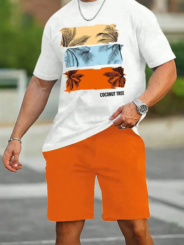 2 Piece Summer Casual Everyday Men's Short Sleeve Shorts Set Hawaiian Print Men's T-shirt Outdoor Sports Men's Beach Shorts