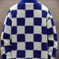 [Plush Winter Coat] Blue & White Plush Checkered Winter Coat | Men's Loose Fit, Stand Collar, Zip-Up Jacket with Drawstring Hood, Casual Style for Fall/Winter