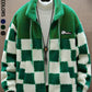 [Plush Winter Coat] Blue & White Plush Checkered Winter Coat | Men's Loose Fit, Stand Collar, Zip-Up Jacket with Drawstring Hood, Casual Style for Fall/Winter