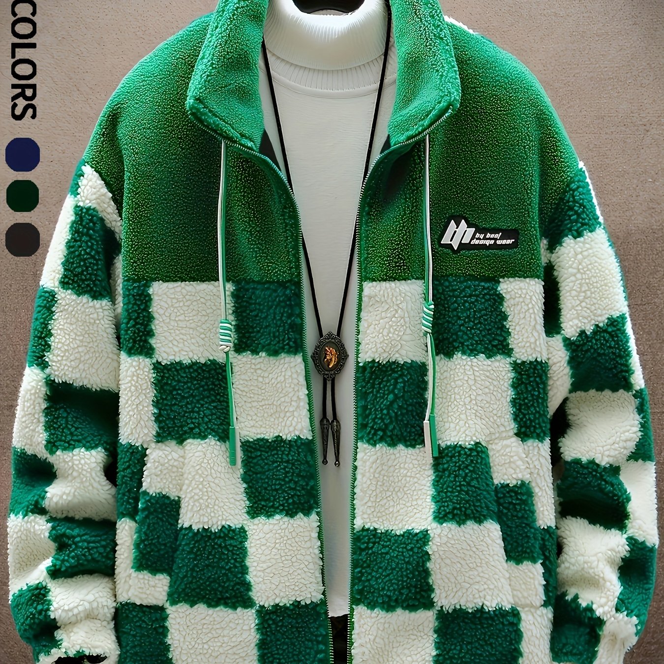 [Plush Winter Coat] Blue & White Plush Checkered Winter Coat | Men's Loose Fit, Stand Collar, Zip-Up Jacket with Drawstring Hood, Casual Style for Fall/Winter