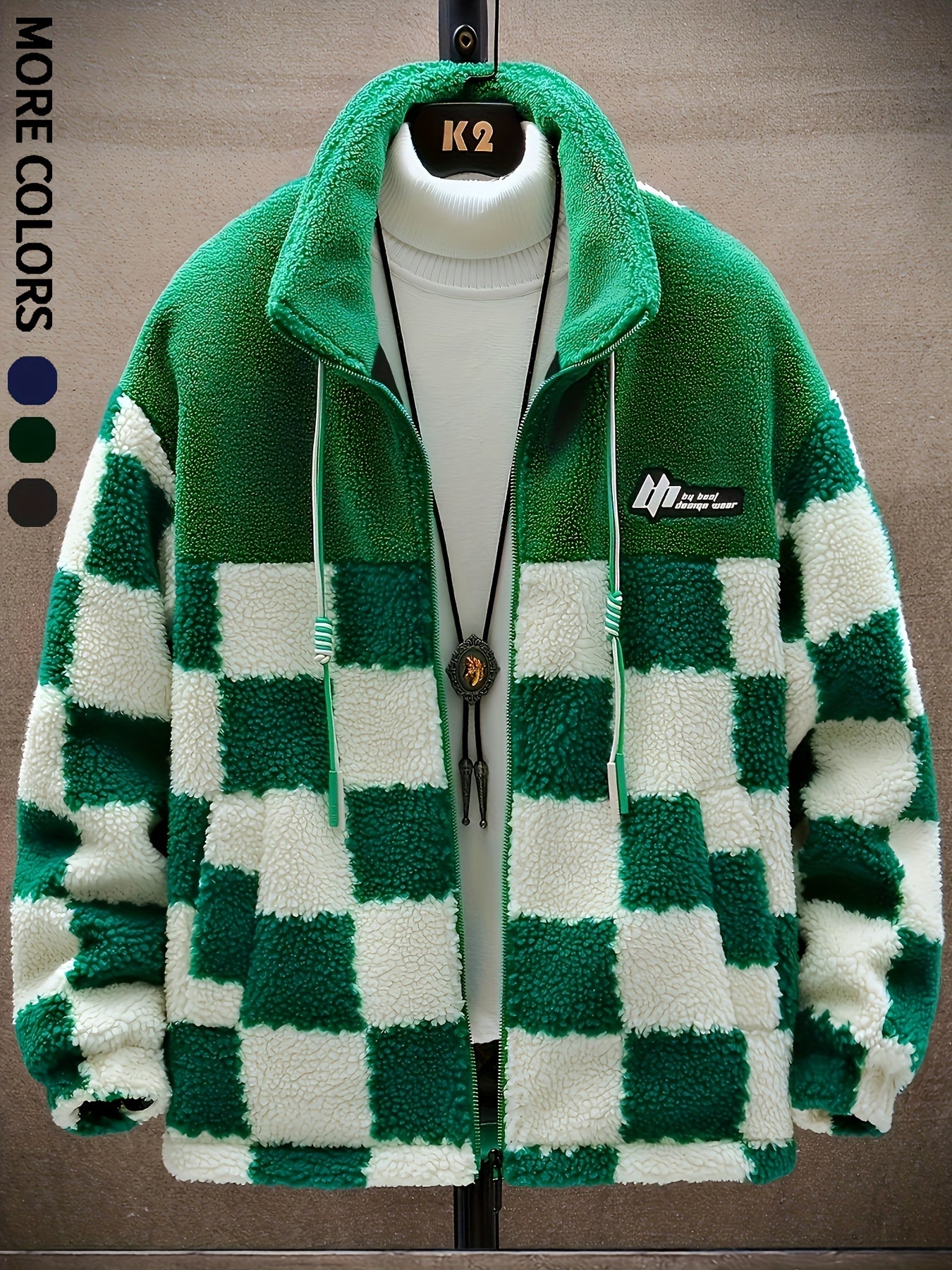 [Plush Winter Coat] Blue & White Plush Checkered Winter Coat | Men's Loose Fit, Stand Collar, Zip-Up Jacket with Drawstring Hood, Casual Style for Fall/Winter