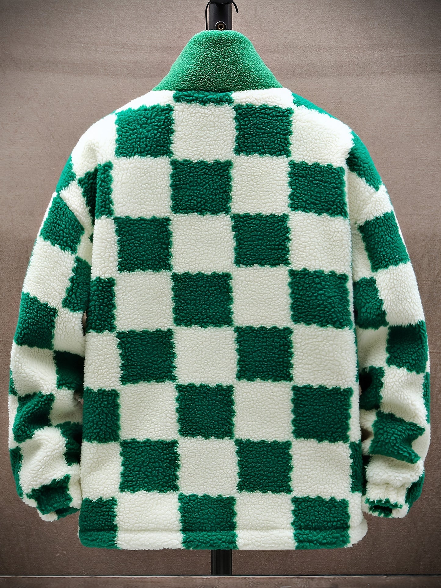 [Plush Winter Coat] Blue & White Plush Checkered Winter Coat | Men's Loose Fit, Stand Collar, Zip-Up Jacket with Drawstring Hood, Casual Style for Fall/Winter