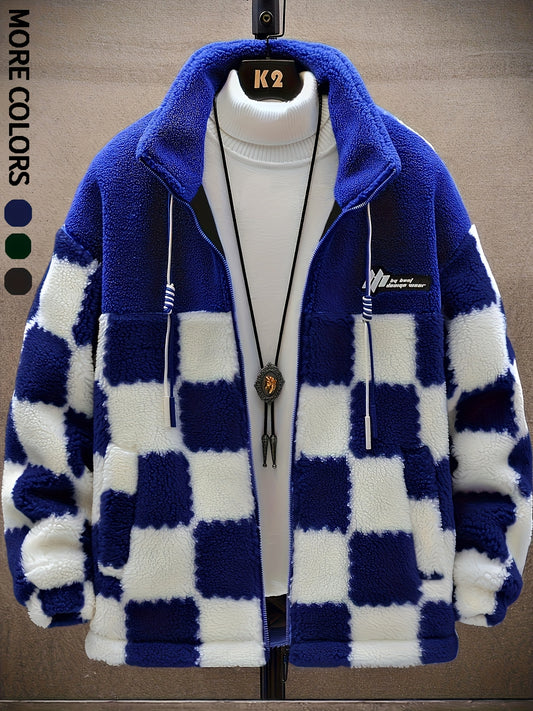 [Plush Winter Coat] Blue & White Plush Checkered Winter Coat | Men's Loose Fit, Stand Collar, Zip-Up Jacket with Drawstring Hood, Casual Style for Fall/Winter