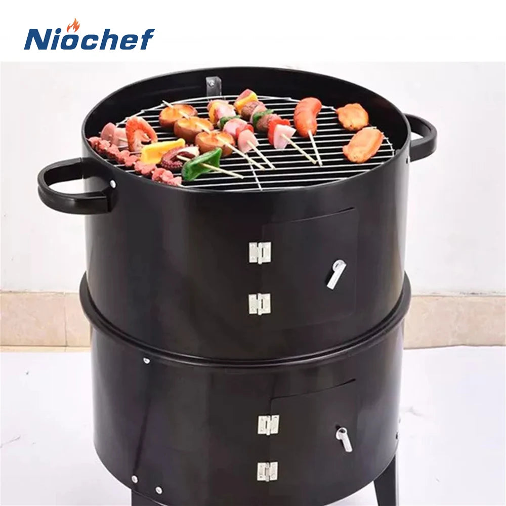 BBQ Grill Round Charcoal Stove Outdoor Bacon Portable 3 in 1 Barbecue Grills Double Deck Smoker Oven Camping Picnic Cooking Tool