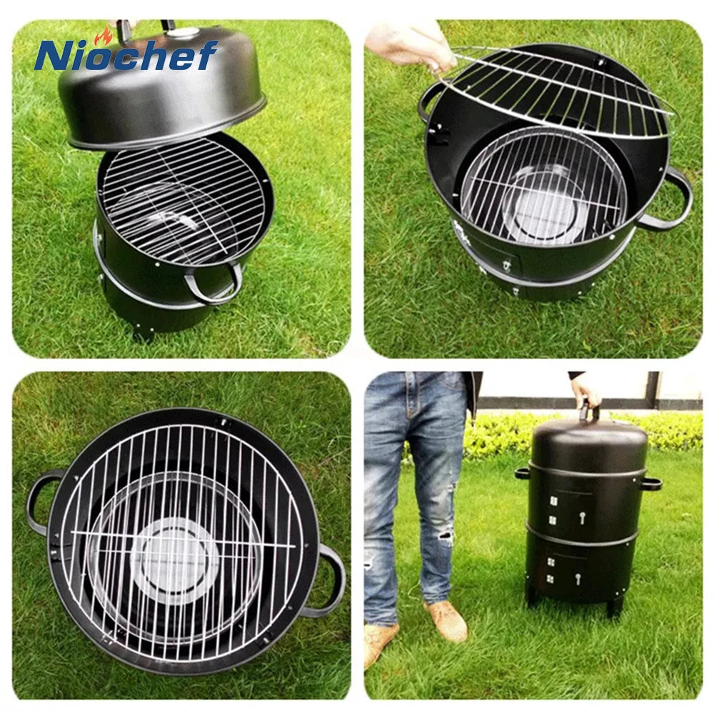 BBQ Grill Round Charcoal Stove Outdoor Bacon Portable 3 in 1 Barbecue Grills Double Deck Smoker Oven Camping Picnic Cooking Tool