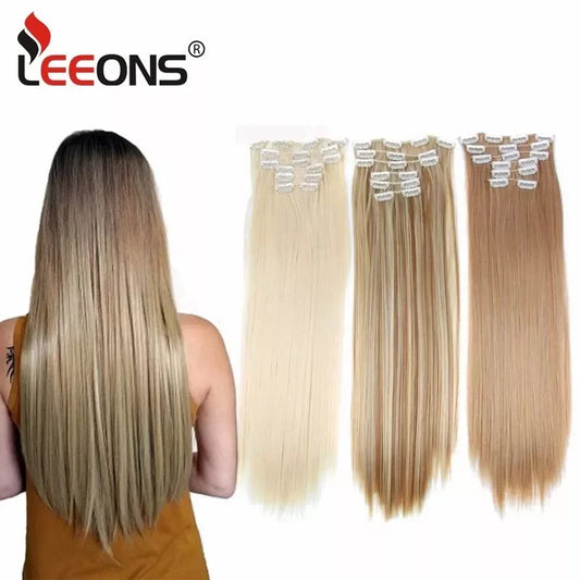 Leeons 16Clips Long Straight Synthetic Clip On Hair Extensions Cheveux Clip Naturel High Temperature Fiber Black Brown Hairpiece