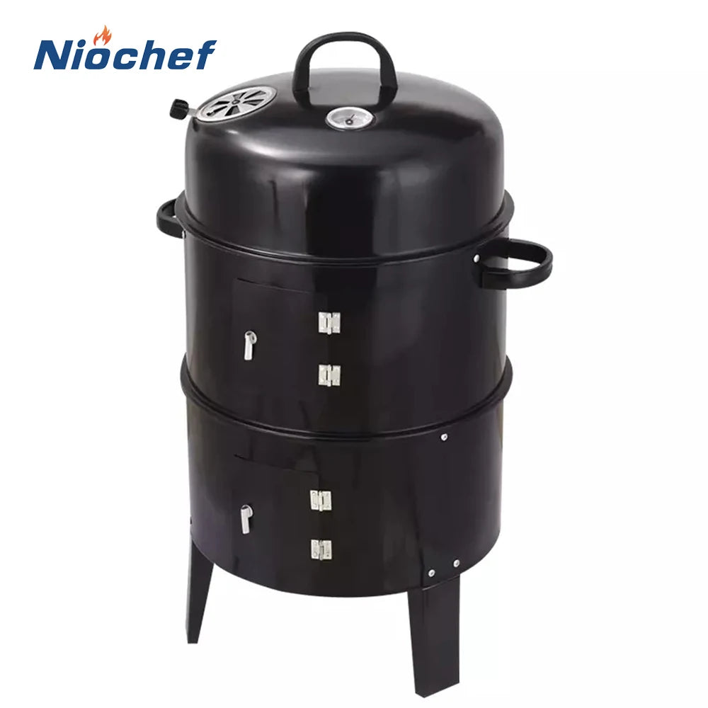 BBQ Grill Round Charcoal Stove Outdoor Bacon Portable 3 in 1 Barbecue Grills Double Deck Smoker Oven Camping Picnic Cooking Tool