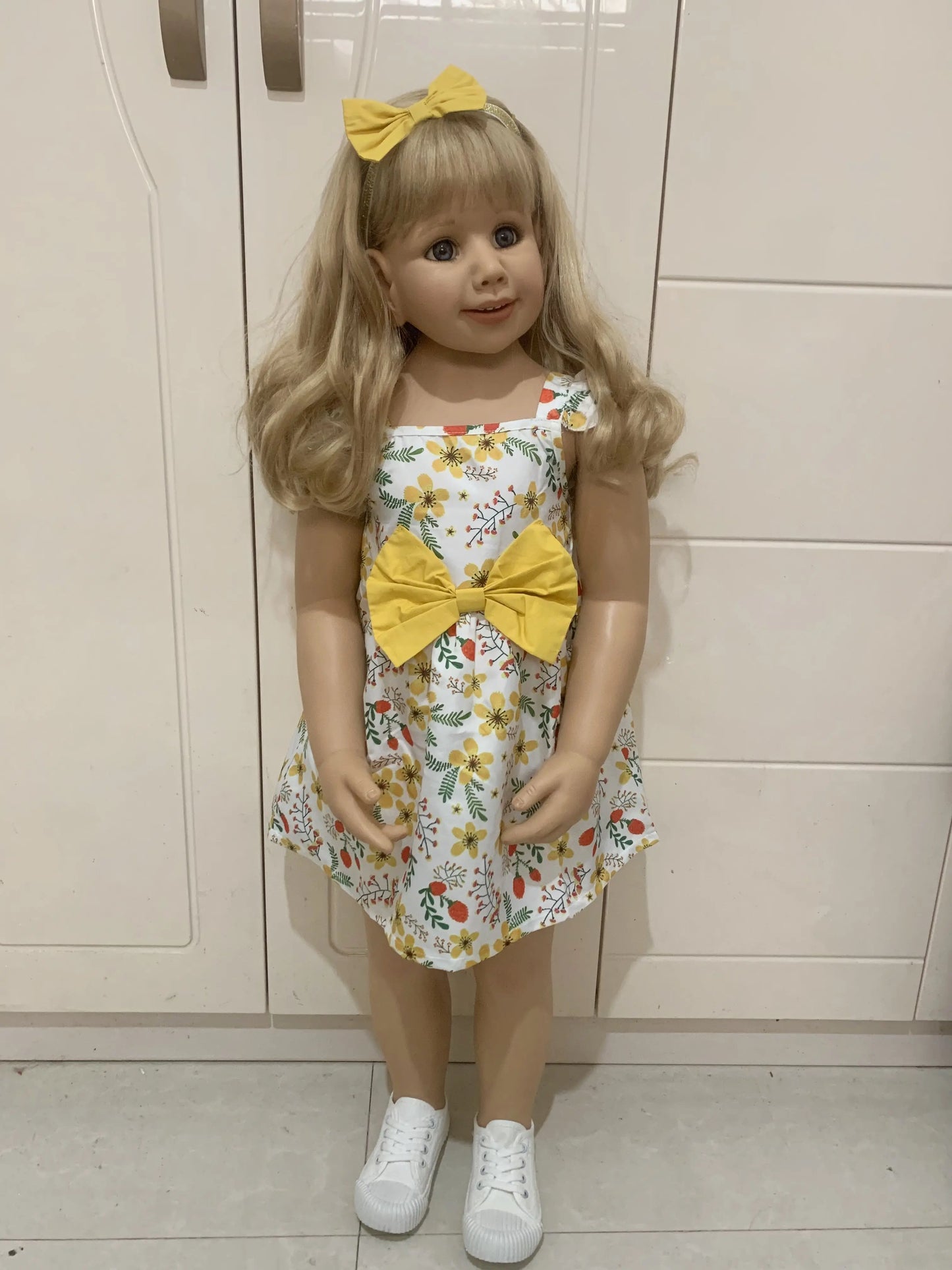 100 CM Silicone Vinyl Toddler Blonde Princess Smile Girl Doll Long Hair 3-Year-Old Size Child Clothing Photo Model Dress Up Toy