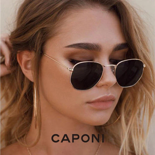 CAPONI Classical Sunglasses Women Ray Cut Retro Sun Glasses UV400 Protect Polarized Gold Metal Hexagon Fashion Eyewear CP1081