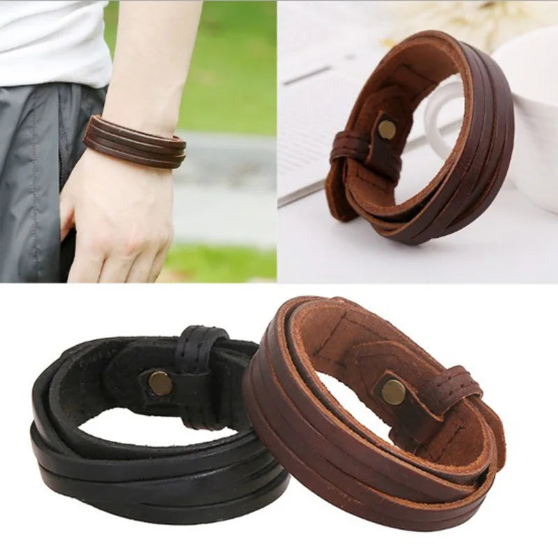 Vintage Punk Genuine Leather Bracelet Bangle for Men Handmade Leather Wristband Steampunk Motorcycle Jewelry Male Braclets 2019