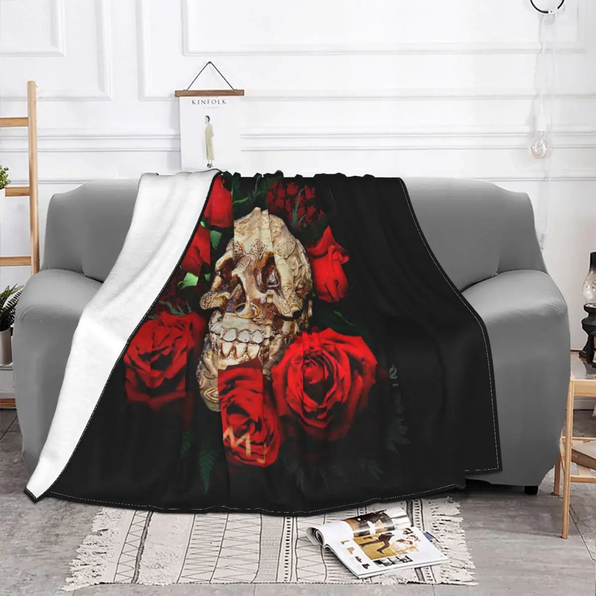 Floral Schädel Rosen Decken Flanell Alle Saison Moderne Linie Kunst Sherpa Multifunktions Warme Werfen Decken für Sofa Reise Qui