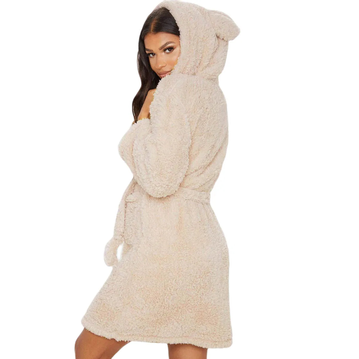 Women Warm Kimono Robe Plush Fleece Bathrobes Soft Long Sleeve Animals Ears Hooded Night-robe Loungewear Pajama Sleepwear