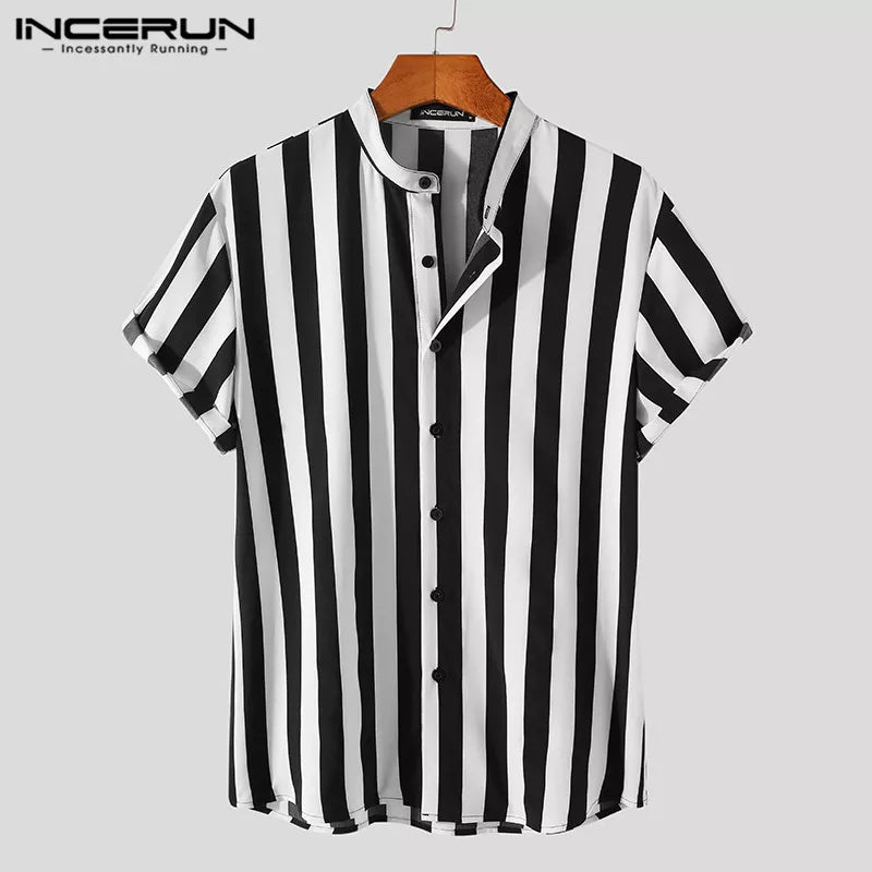 2023 Men Striped Shirt Brand Stand Collar Streetwear Short Sleeve Button Casual Camisa Hombre Leisure Fashion Tops INCERUN S-5XL