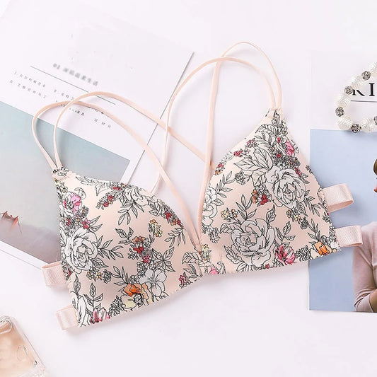 Women Flower Printed Bras Front Buckle Wireless Bralette Sexy Lingerie Comfort Push Up Floral Bras