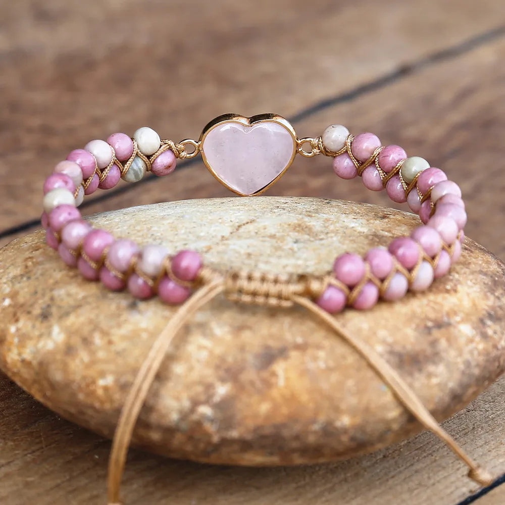 4mm Rhodonite Pink Crystal Heart Charm Bracelets Women Bohemia Yoga String Braided Lover Wrap Bracelet Handmade Jewelry