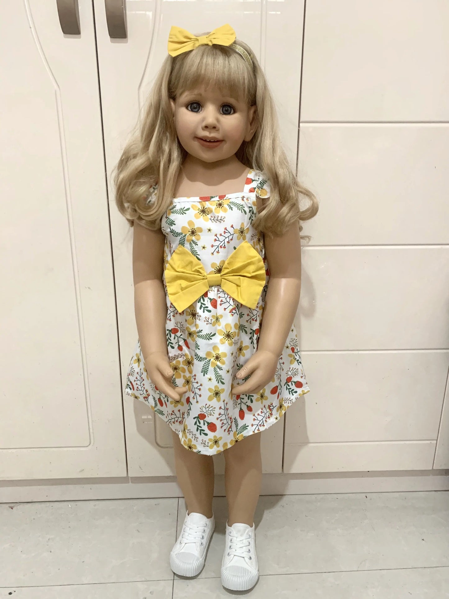 100 CM Silicone Vinyl Toddler Blonde Princess Smile Girl Doll Long Hair 3-Year-Old Size Child Clothing Photo Model Dress Up Toy