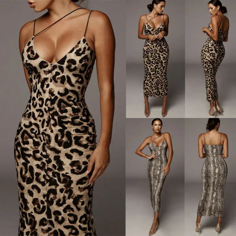 2020 Summer Dress Women Sexy Spaghetti Strap V Neck Maxi Dress Sanke Leopard Print Party Evening Dresses Bodycon Pencil Dress