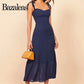 Elegant Summer Dress with Ruffle, Navy Back, Elastic Party Dresses, Casual, 2024