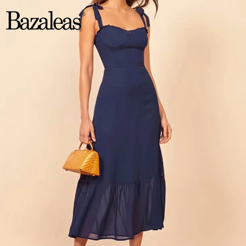 Elegant Summer Dress with Ruffle, Navy Back, Elastic Party Dresses, Casual, 2024