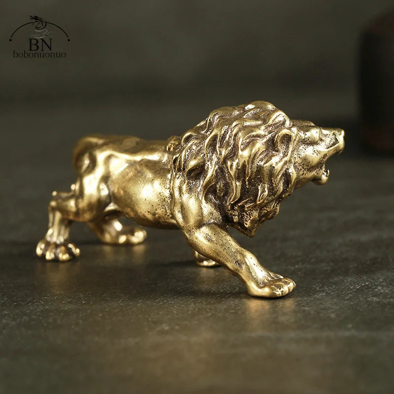 Antique Bronze Male Lion King Statue Small Ornaments Solid Copper Mountain Lions Miniature Figures Brass Sculpture Crafts Decor