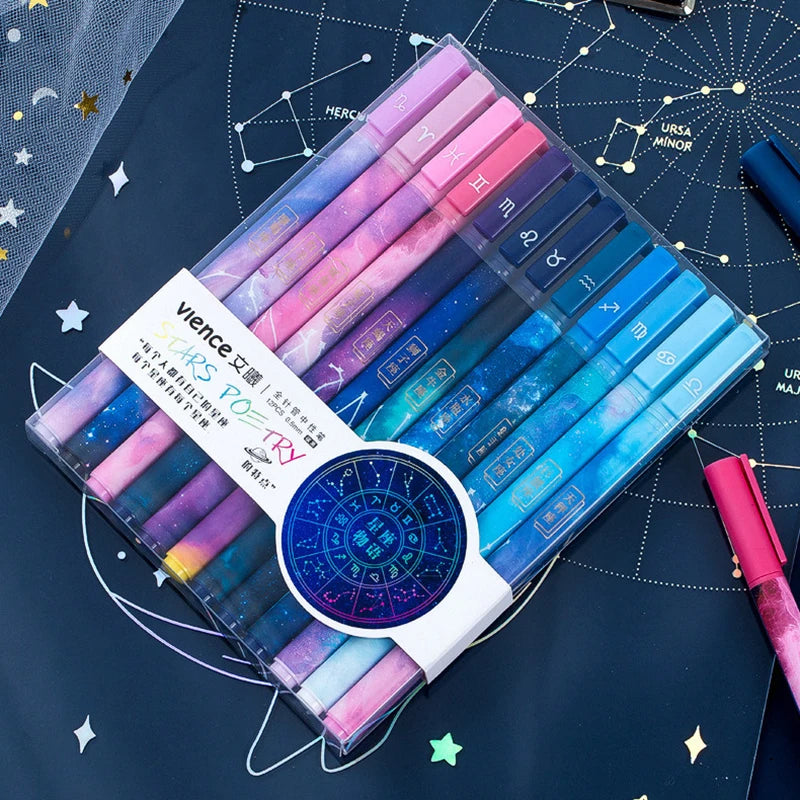 12pcs Creative Twelve Constellations Erasable Gel Pen Set Needle 0.5mm Black Blue Ink Writing Office School Stationery Items