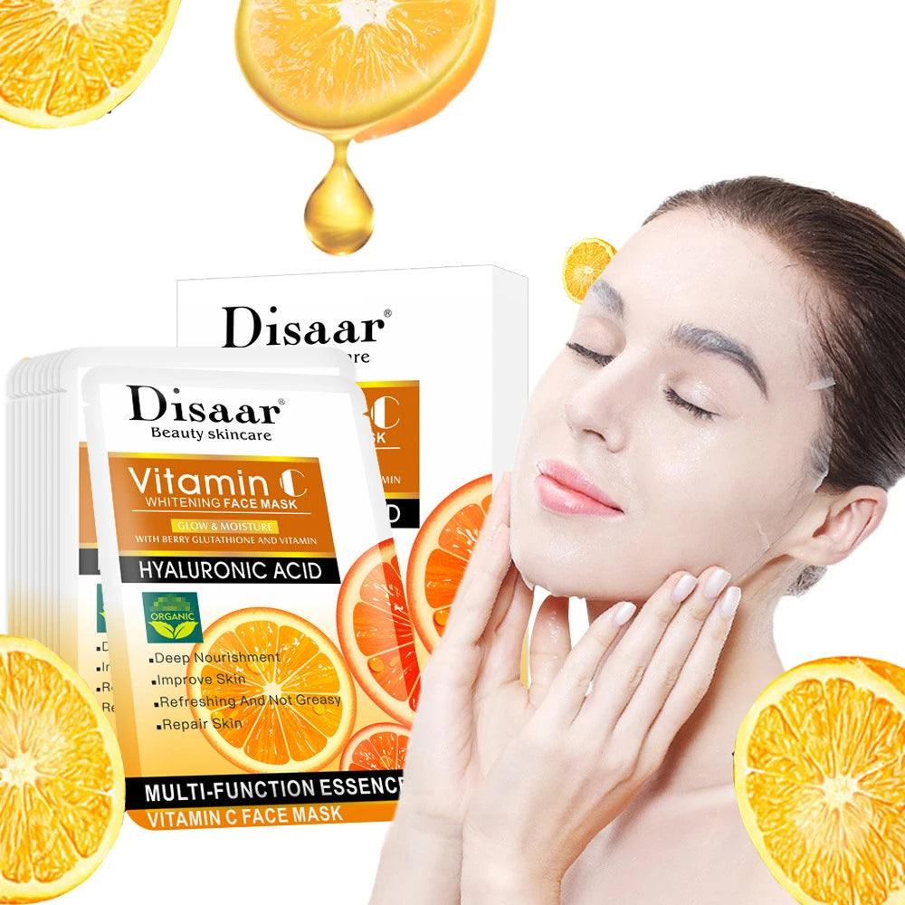 10pcs Vitamin C Skin Care Face Mask VC Sheet Mask Facemask Facial Masks Mascara Facial Korean Whitening Women Beauty And Health