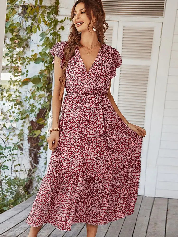 Ladies Vintage Print Chiffon Dress Women Casual Ruffles Long Bohemian Party Beach Summer Dress Women Sundress Female Vestidos