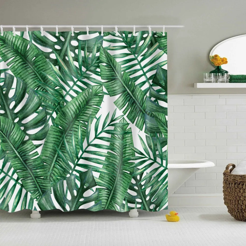 Green Tropical Plants Shower Curtains Bathroom Polyester Waterproof Shower Curtain Leaves Printing Curtains for Bathroom Shower