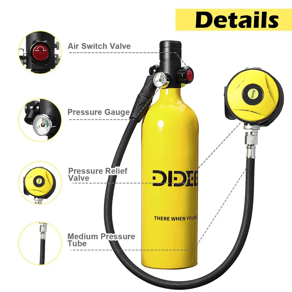 DIDEEP 1L Mini Scuba Diving Cylinder Oxygen Tank Set Dive Respirator Air Tank Hand Pump for Snorkeling Breath Diving Equipment