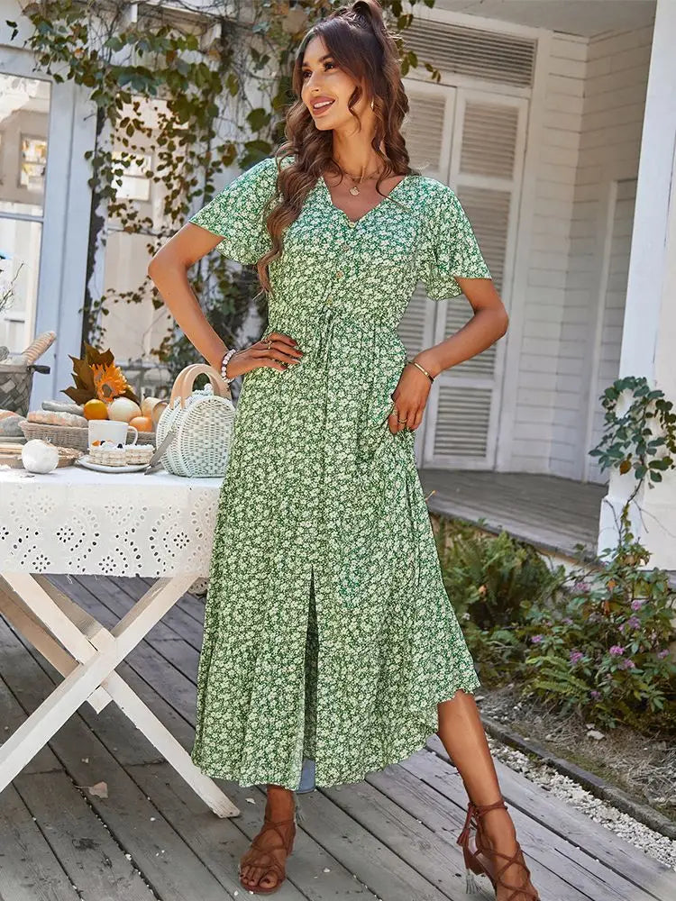 Ladies Vintage Long Floral Print Summer Dress Women Loose Casual Button Bohemian Beach Dress Women Sundress Robe Vestidos Female