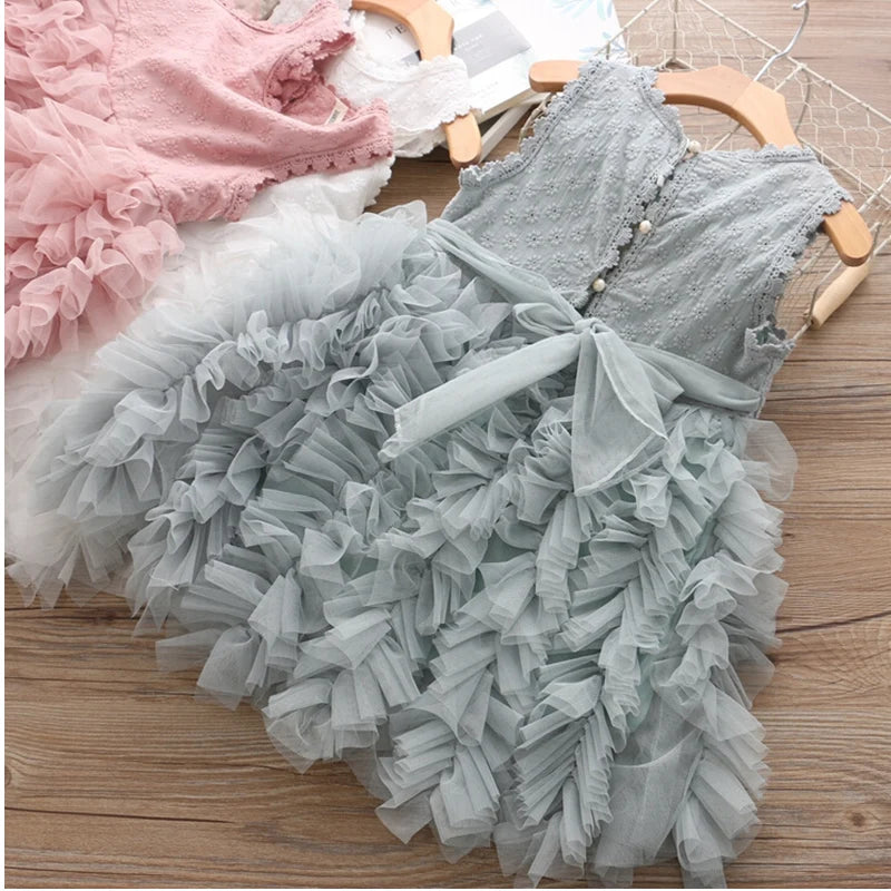 Girls Summer Dress Sleeveless Pearls Button Girl Princess Dress for Party Evening Gown Dresses Fluffy Puff Tutu Dress for Girls