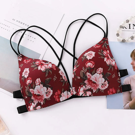 Women Flower Printed Bras Front Buckle Wireless Bralette Sexy Lingerie Comfort Push Up Floral Bras