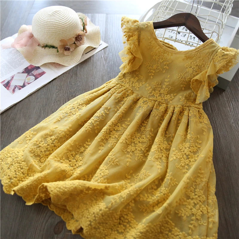 White Lace Summer Dress for Girls Short Sleeve Kids Birthday Princess Costume Tutu Wedding Flower Girls Dresses for 3-8 Years