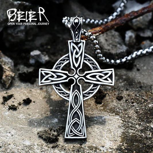 Beier Stainless Steel Vikings Pendant Valknut Celtic Cross Necklace Chain Norse Viking Jewelry LLBP8-505P