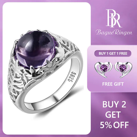 Bague Ringen Vintage Rings For Women Elegant Round Created Amethyst Wedding Engagement Charms Female Fashion Jewelry Size 6-10