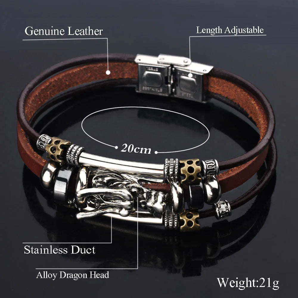 2021 Fashion Charm Jewelry Vintage Tibetan Silver Dragon Head Leather Jewelry Bracelet Men and Women Accessoires Homme