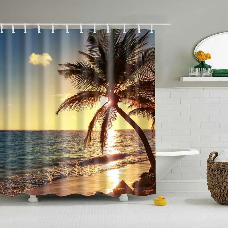 1PC Green Tropical Plants Shower Curtains for Bathroom Polyester Seaworld Shower Curtain Printing Curtain Beach Shower Curtains