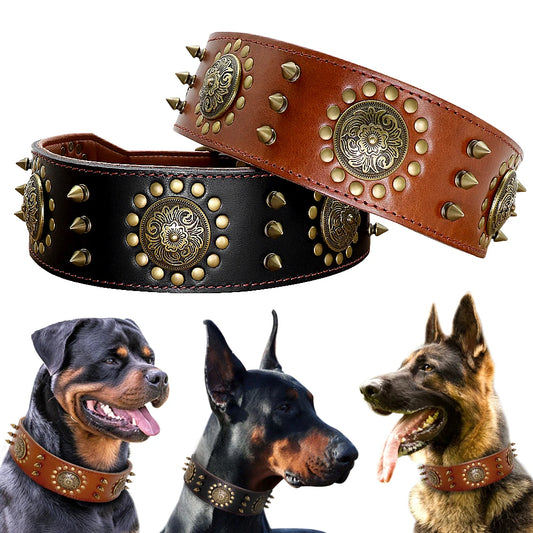 Leather Large Dog Collar Pitbull Spiked Studded Collars for Medium Large Big Dogs Genuine Leather Durable Pet Collar Brown