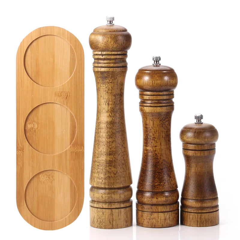 Wood Salt and Pepper Grinder Set with Mills Tray for Sea Salt & Peppercorns (5,8,10 inch) Strong Adjustable Grinder