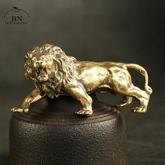 Antique Bronze Male Lion King Statue Small Ornaments Solid Copper Mountain Lions Miniature Figures Brass Sculpture Crafts Decor