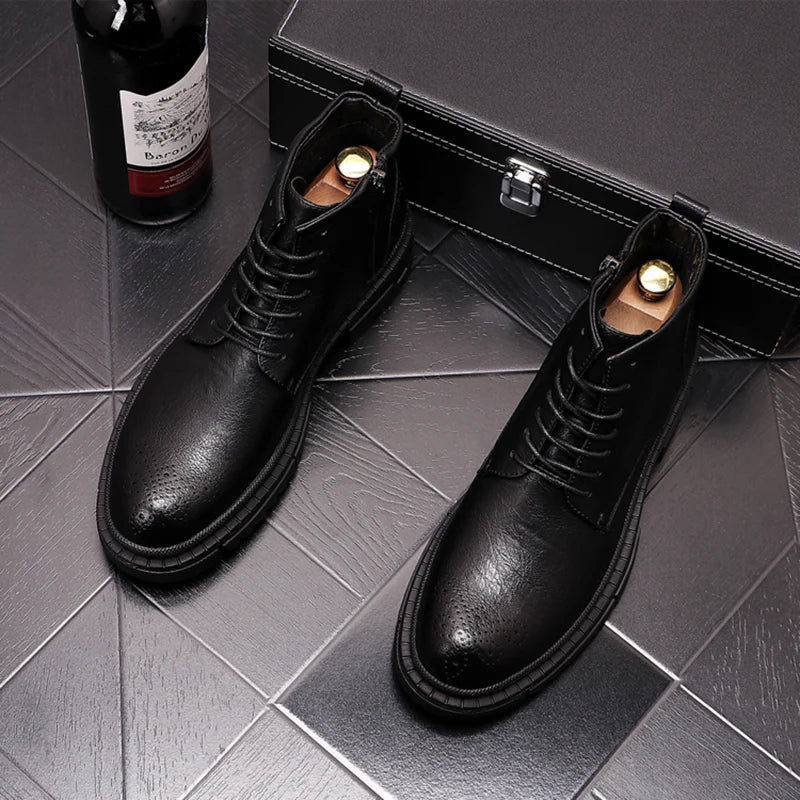 Korean style men's casual wedding party dress genuine leather boots black platform shoes bullock bottes homme ankle botas hombre