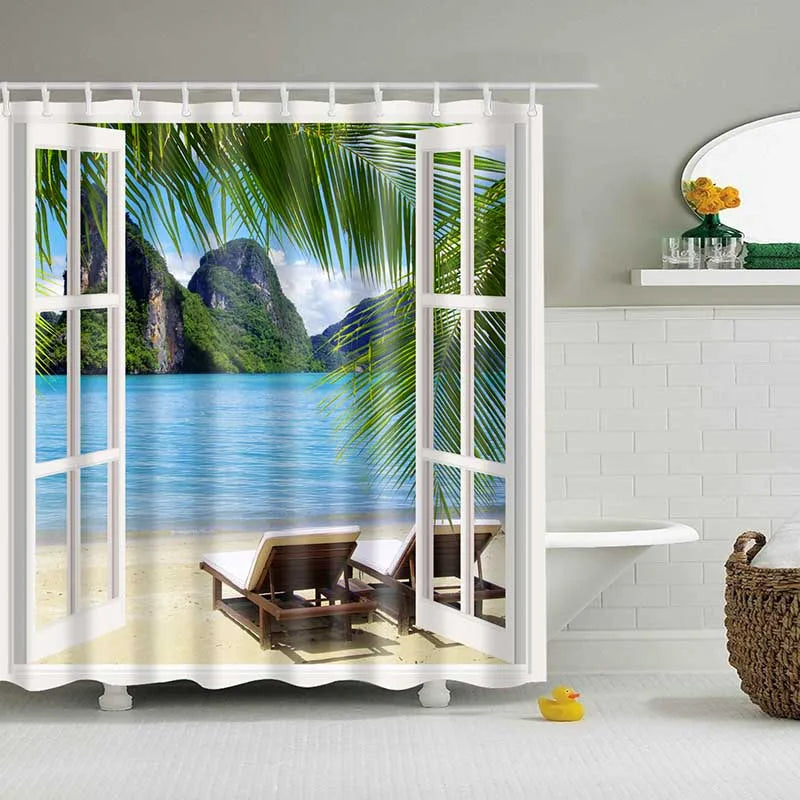 1PC Green Tropical Plants Shower Curtains for Bathroom Polyester Seaworld Shower Curtain Printing Curtain Beach Shower Curtains