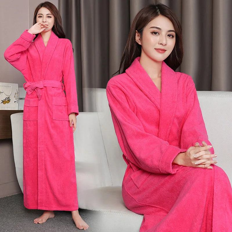 100% Cotton Toweling Terry Extra long Extra thick Robe blue Bath Robe Women Nightrobe Sleepwear Casual Home Bathrobe халат