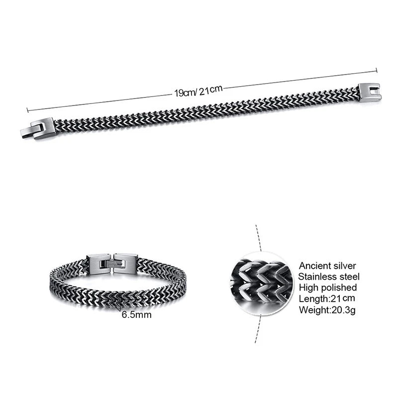 Vnox Retro Men's Bracelet Cool Metal Foxtail Franco Chain Wristband Interlocked Stainless Steel Curban Link Punk Vintage Jewelry